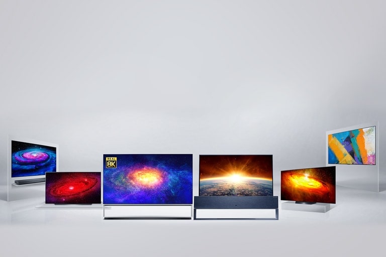 Os modelos RX, ZX, WX, GX, CX, BX OLED da LG dispostos no espaço
