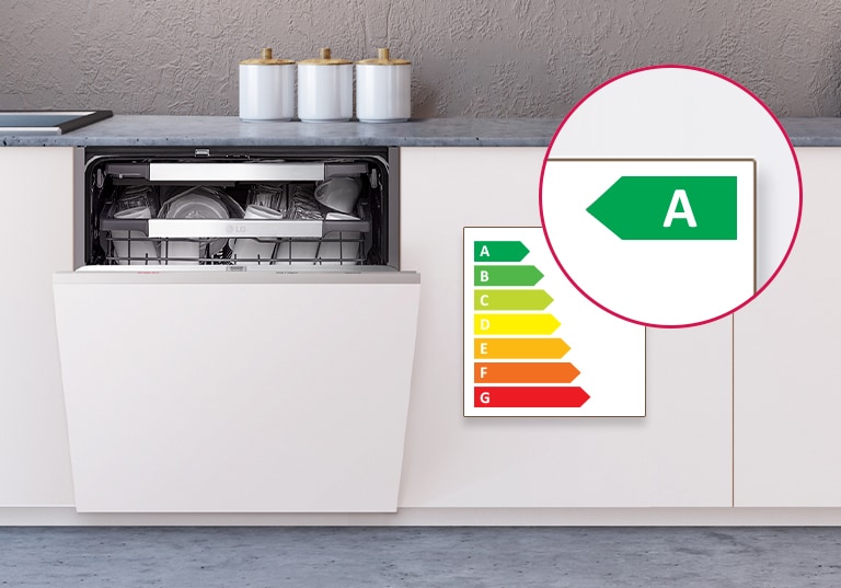 Máquina de lavar loiça de encastre com a porta parcialmente aberta e uma etiqueta energética classe A.