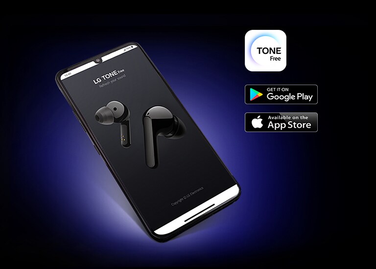 Um smartphone a mostrar a aplicação LG TONE Free contra um fundo escuro. São apresentados ícones de aplicações à direita.