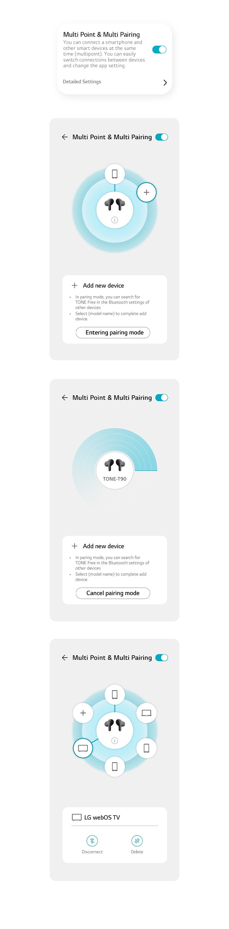 Imagens das funções Multi Point e Multi Pairing no app.
