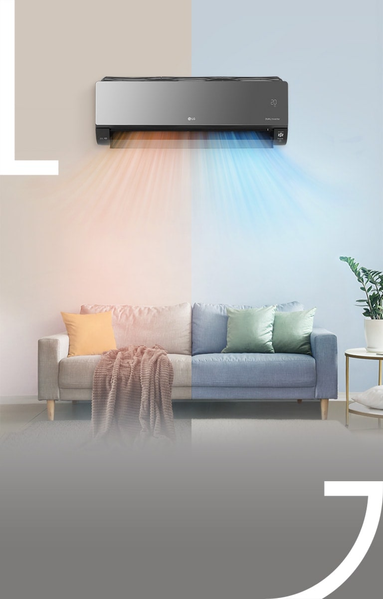 Imagem do espaço interior em épocas de calor e frio, e os dois fluxos de ar saem do mesmo ar condicionado montado na parede.