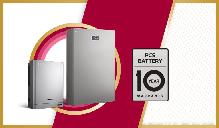 Há dois produtos solares e um logótipo da garantia de 10 anos à esquerda.