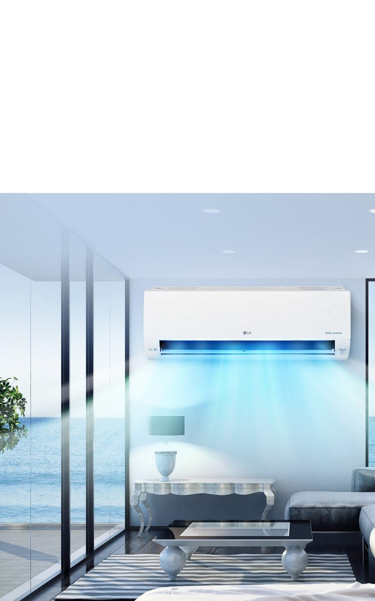 O ar condicionado está no centro da imagem com vento azul a soprar pela sala à frente.
