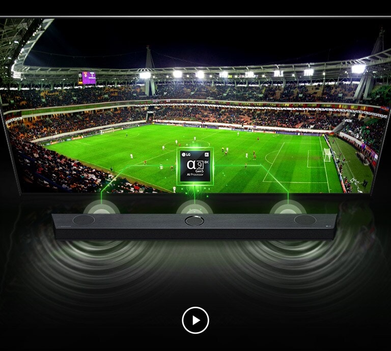 Há uma imagem do 'Chip Alpha 9' na TV e uma barra de som sob esta. E na TV, é mostrado sequencialmente no ecrã um estádio de futebol, uma mulher a andar na praia durante o pôr do sol e uma sala de concertos e, na barra de som, o efeito da onda sonora e a cor mudam de acordo de acordo com o ecrã.