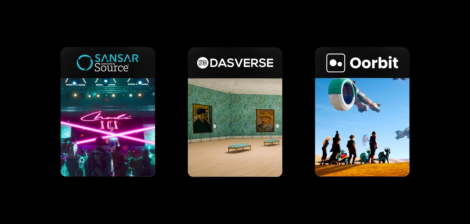  Três blocos de imagens, cada um com o logótipo e imagens do serviço metaverse Sansar, Dasverse e Oorbit.