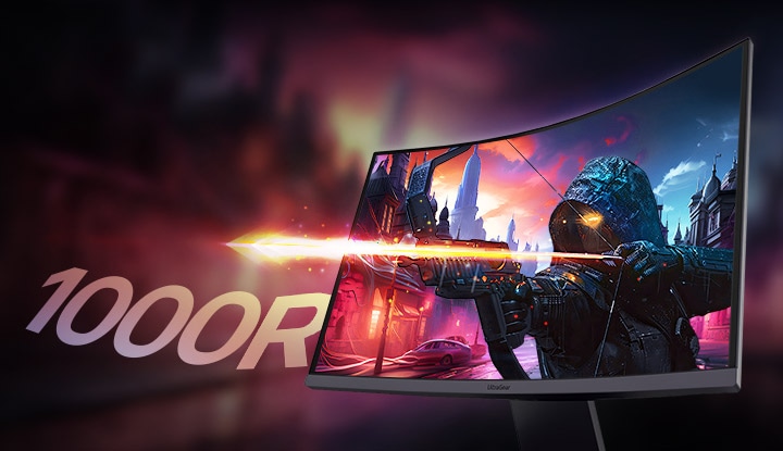 Vista lateral de um monitor com uma personagem arqueira de jogo na imagem do ecrã.