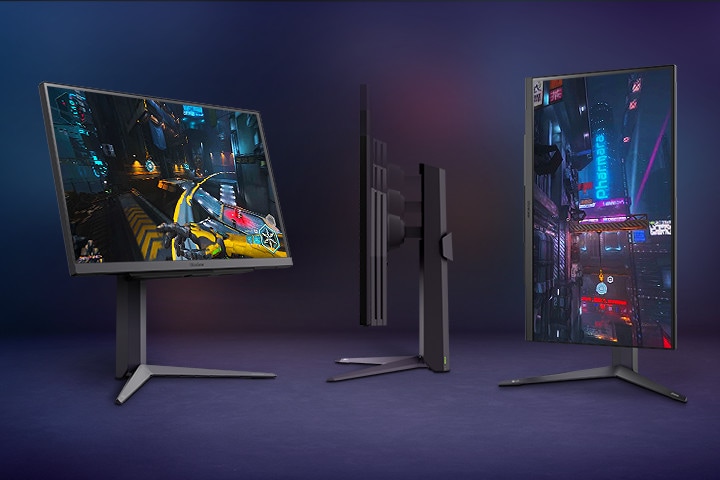 Três imagens de monitores que demonstram os ajustes de inclinação, rotação e altura.