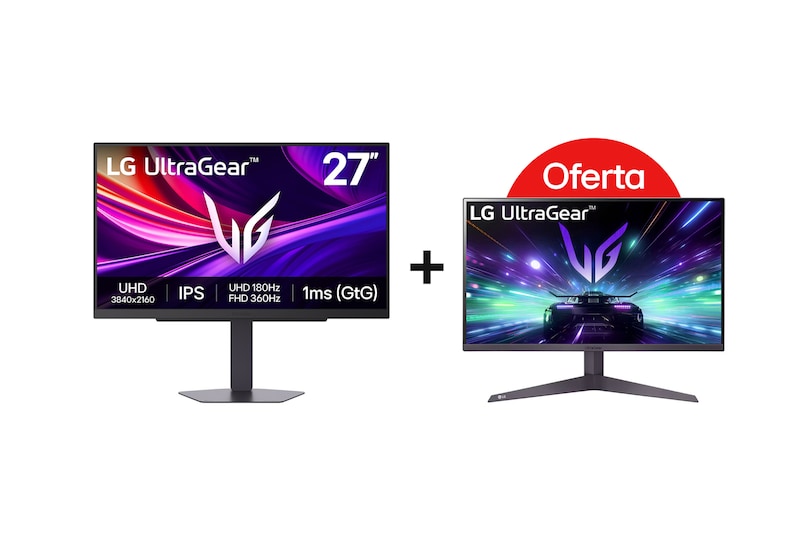 Vista frontal de Monitor para jogos LG UltraGear™ de 27 polegadas, 180 Hz, 4K UHD 27G810A com modo duplo, DCI-P3 95% (típico), VESA DisplayHDR™ 400, 1 ms GtG, HDMI 2.1 27G810A-B + Monitor Gaming LG UltraGear™ de 24'' FHD com 180Hz, 1ms MBR e HDR10 27G810A-B.BUNDLE