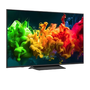 A LG QNED evo AI QNED80 Mini LED apresentada em vista frontal e lateral destaca um ecrã de 65 polegadas com 1455 mm de largura, 841 mm de altura de ecrã, 904 mm de altura com suporte, 67,9 mm de profundidade de perfil e uma área de suporte de 1217 por 269 mm.