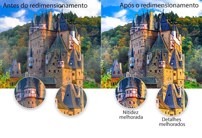Comparação da qualidade de imagem de um castelo antigo no meio de uma floresta com ampliação de um dos telhados com nitidez e detalhe melhorados após redimensionamento.