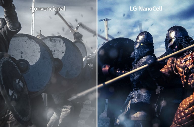 Uma cena de uma batalha num filme dividida ao centro. À esquerda apresentada numa TV convencional com cores esbatidas, à direita uma imagem mais brilhante e mais detalhada, conforme é apresentada na TV LG NanoCell.
