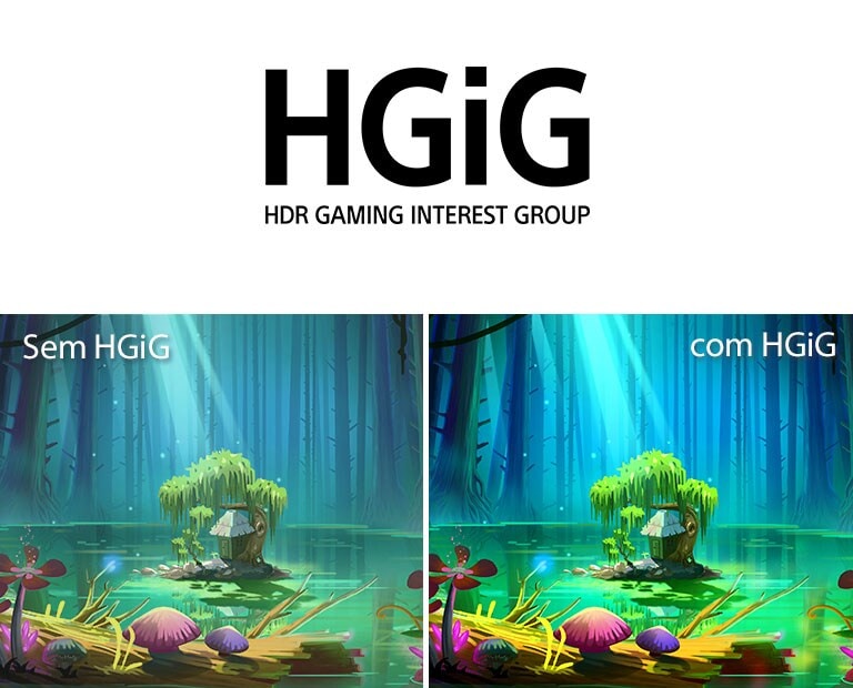 Uma imagem animada, uma casa pequena e uma árvore num pequeno terreno que está no meio de uma lagoa cercada por árvores altas e nuas, com o texto 'Com HGIG' no canto superior direito, mais brilhante e com melhor qualidade de imagem em comparação com a imagem sem HGIG.