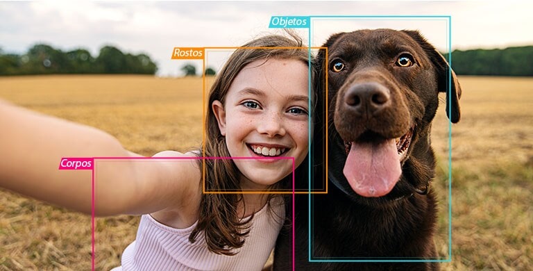 Uma jovem a tirar uma selfie com um cão no campo, com a área de rosto, corpo e objeto selecionada.