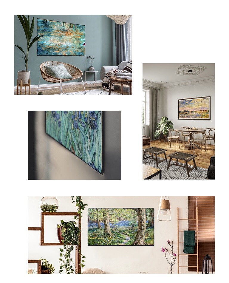 Uma TV com uma pintura pendurada na parede numa sala de estar com uma cadeira, um sofá e um vaso. Uma vista ampliada da borda de uma TV de design fino com uma pintura. Uma TV com uma pintura pendurada na parede numa sala de estar com uma mesa, cadeiras e um vaso. Uma TV com uma pintura pendurada na parede numa sala de estar com vasos e uma escada.