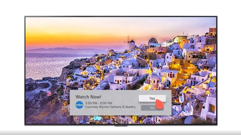 Um ecrã de TV a mostrar uma notificação de um programa de compras para que não perca a oportunidade de comprar.
