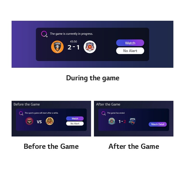 Diferentes tipos de notificações sobre resultados, jogos e horas de início listados horizontalmente sob a imagem.
