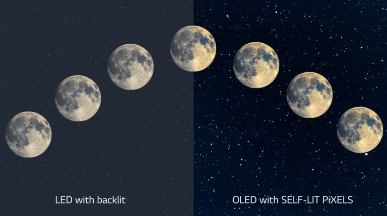 Uma cena da lua onde são comparadas as tecnologias LED e OLED (preto perfeito). Ver o vídeo.