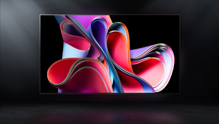 Uma imagem da LG OLED G3 contra um cenário preto a mostrar uma obra de arte abstrata rosa e roxa brilhante.