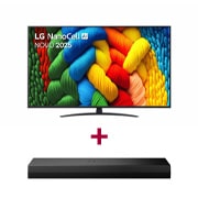 Vista frontal de Smart TV LG NanoCell AI NANO81 4K 2025 55 polegadas + LG Soundbar S20A 55NANO81A6A.S20A001