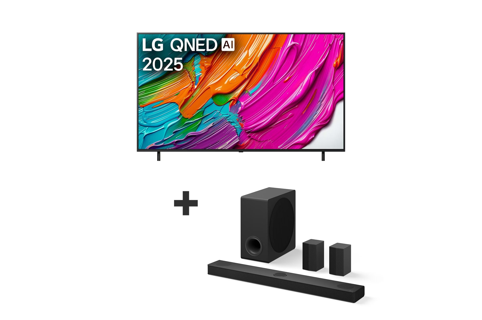 Vista da frente do televisor LG QNED8E, logótipo LG QNED Al no canto superior. A LG QNED TV apresenta texturas coloridas de pinturas a juntarem-se.