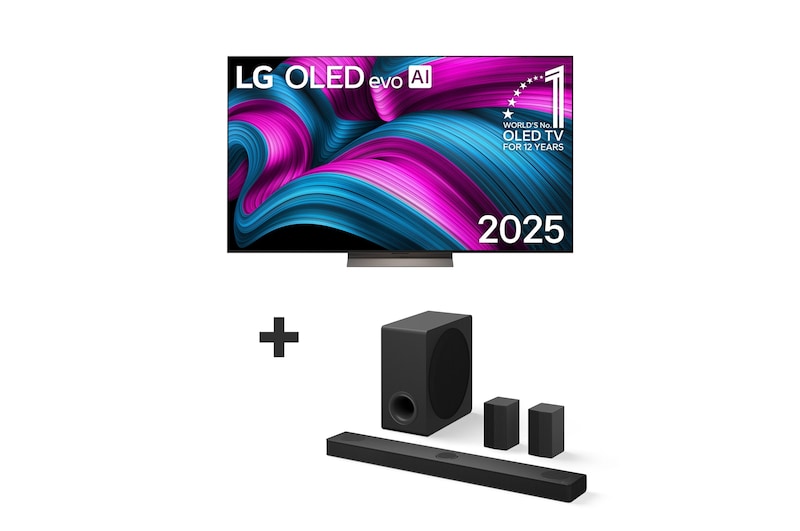 Vista frontal de Smart TV LG OLED evo AI C5E 4K 2025 de 77 polegadas + Soundbar LG S80TR OLED77C5ELB.BUNDLE