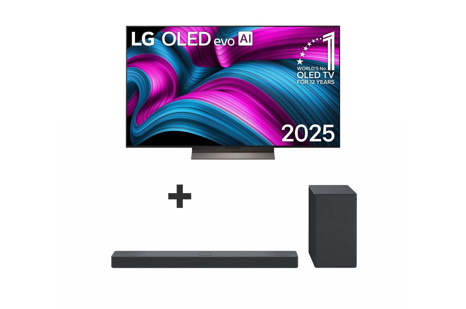Vista da parte da frentes da Smart TV LG OLED evo AI C5E 4K. O emblema “OLED número 1 do mundo há 12 anos” e o logótipo LG OLED evo AI 2025 estão no ecrã.