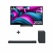 Vista da parte da frentes da Smart TV LG OLED evo AI C5E 4K. O emblema “OLED número 1 do mundo há 12 anos” e o logótipo LG OLED evo AI 2025 estão no ecrã.