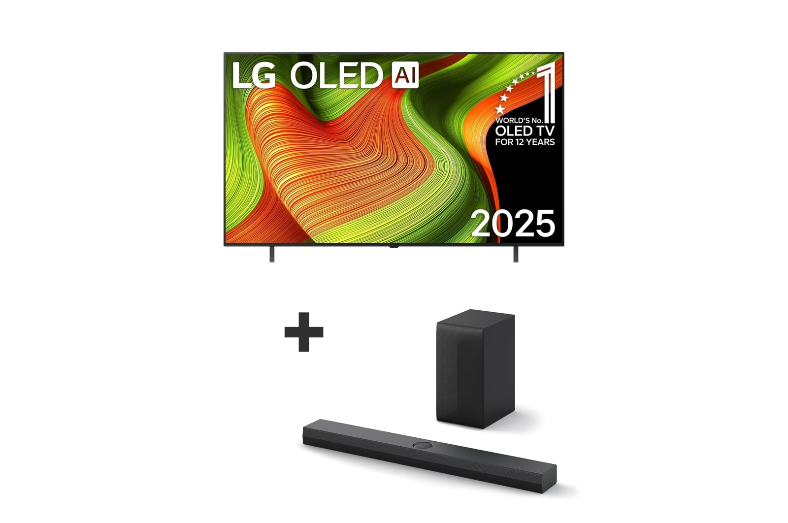 Vista frontal da Smart TV LG OLED AI B5 4K. O emblema “OLED número 1 do mundo há 12 anos” e o logótipo LG OLED AI 2025 estão no ecrã.
