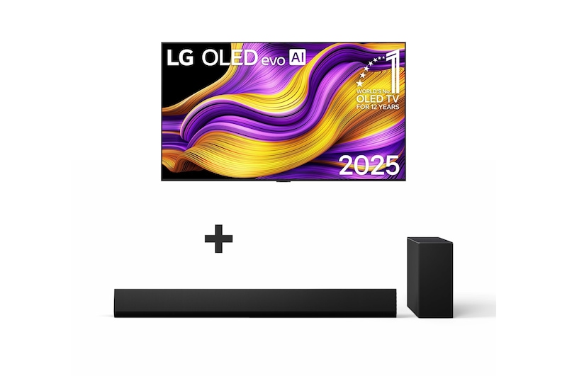 Vista frontal de LG OLED evo AI G5 4K Smart TV 2025 de 65 polegadas + LG Soundbar Dolby Atmos OLED65G56LS.BUNDLE