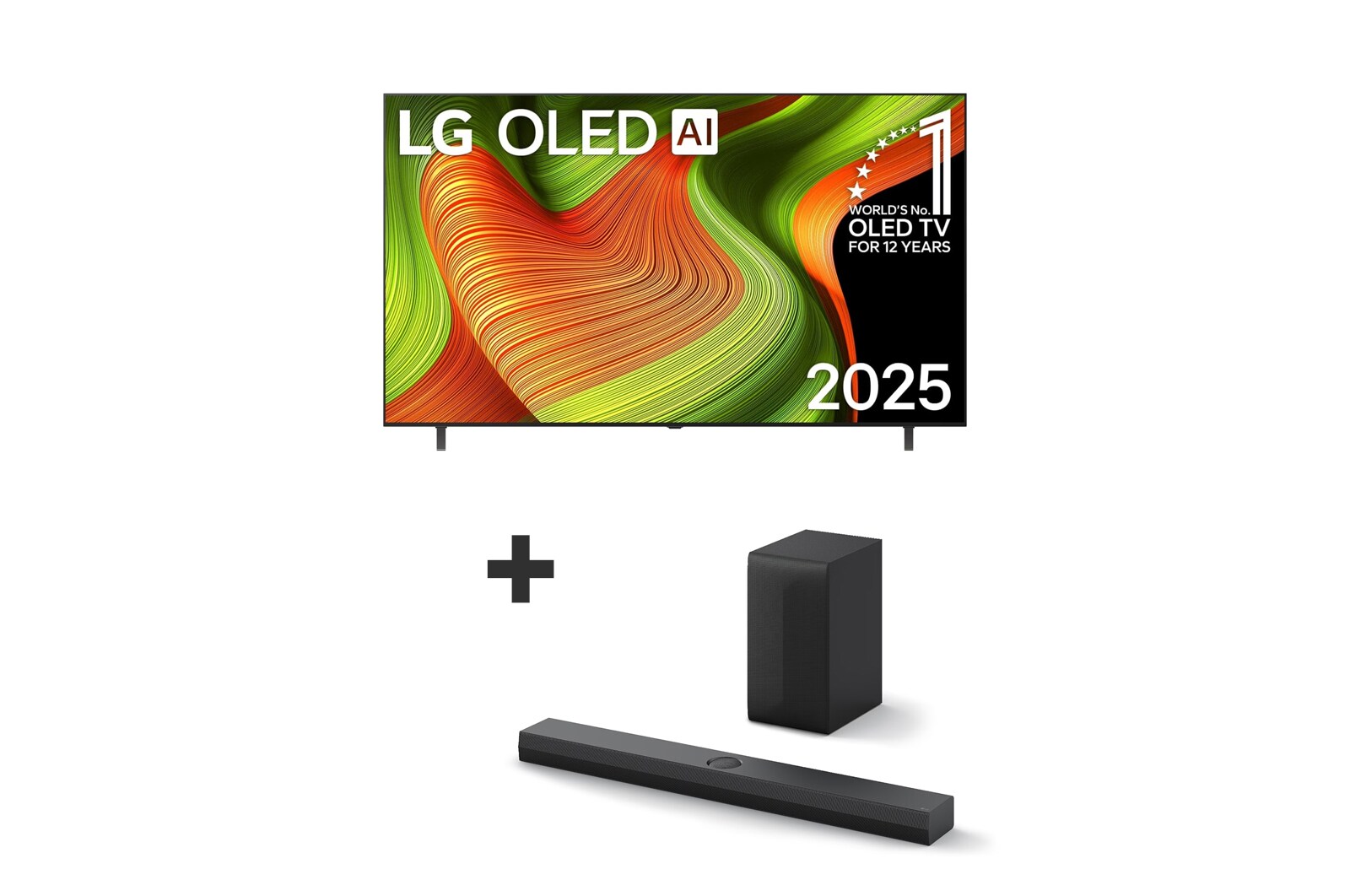 Vista frontal da Smart TV LG OLED AI B5 4K. O emblema “OLED número 1 do mundo há 12 anos” e o logótipo LG OLED AI 2025 estão no ecrã.