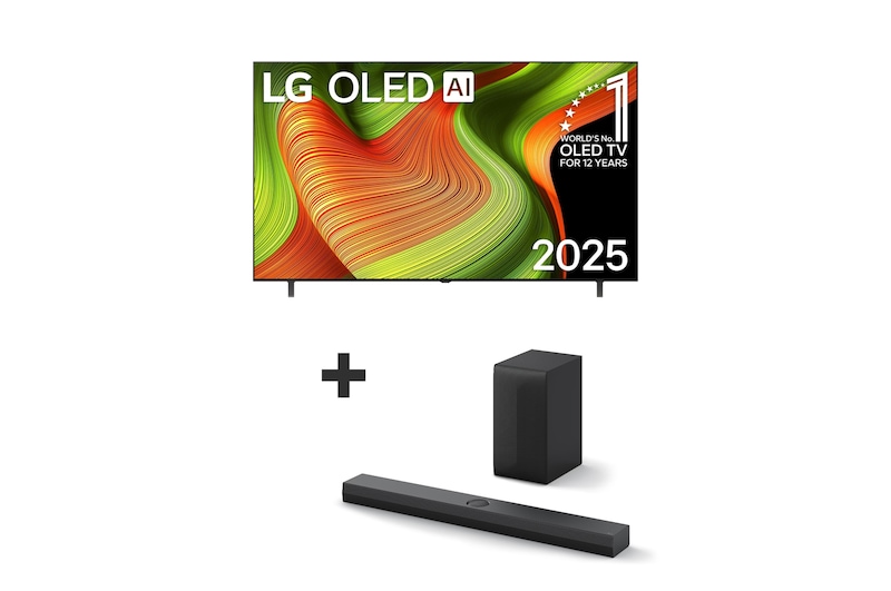 Vista frontal da Smart TV LG OLED AI B5 4K. O emblema “OLED número 1 do mundo há 12 anos” e o logótipo LG OLED AI 2025 estão no ecrã.