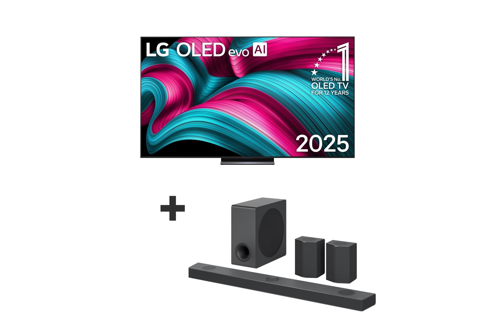 Vista frontal de Smart TV LG OLED evo AI C5 4K 2025 de 83 polegadas + LG Soundbar S95QR OLED83C5ELA.BUNDLE