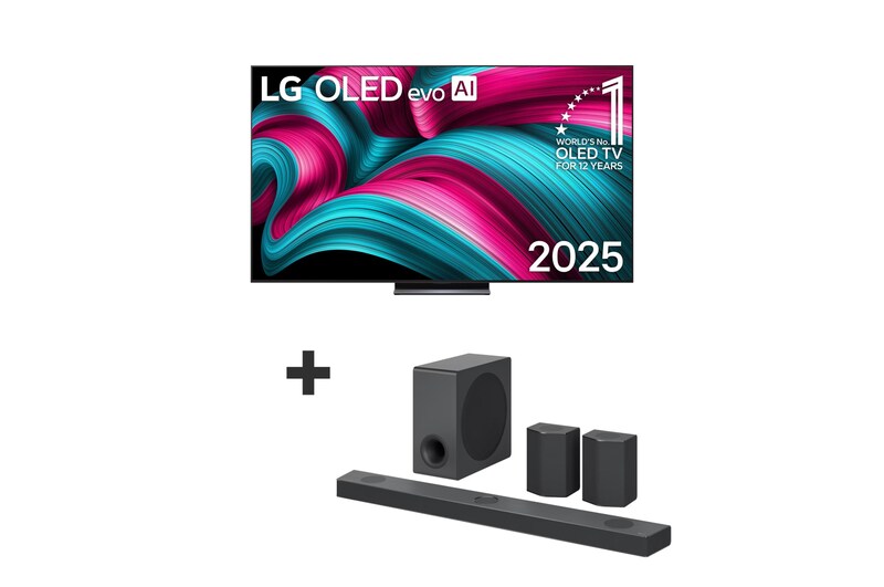 Vista frontal de Smart TV LG OLED evo AI C5 4K 2025 de 83 polegadas + LG Soundbar S95QR OLED83C5ELA.BUNDLE