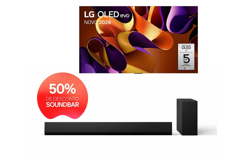 Vista frontal de LG OLED evo AI G4 4K Smart TV 97 polegadas + LG Soundbar Dolby Atmos com 3.1.1 canais e 400W de potência OLED97G45LW.ESD