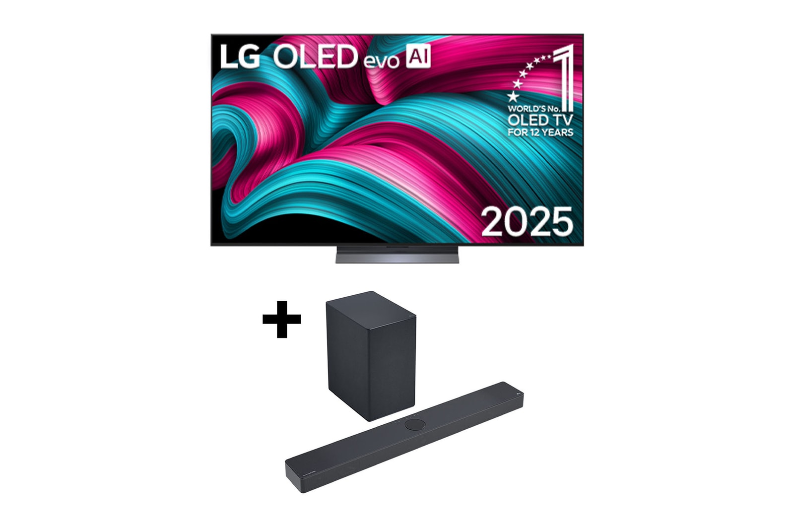 Vista frontal de Smart TV LG OLED evo AI C5 4K 2025 de 77 polegadas + Barra de Som LG SC9S OLED77C56LB.SC9S001