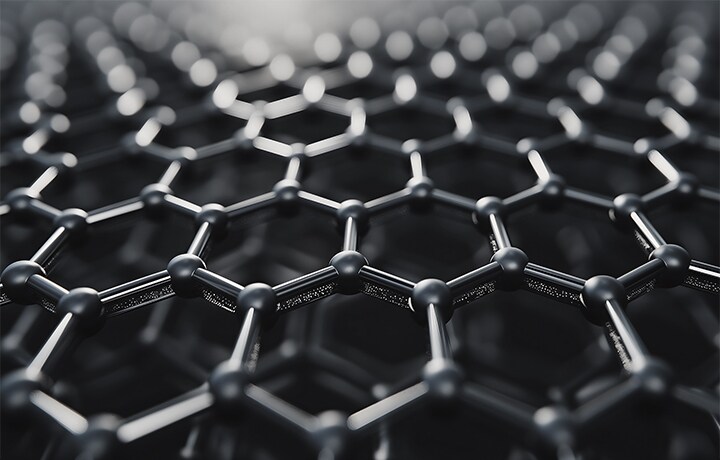 É mostrado um padrão hexagonal. Clique para saber mais sobre o material chamado grafeno.