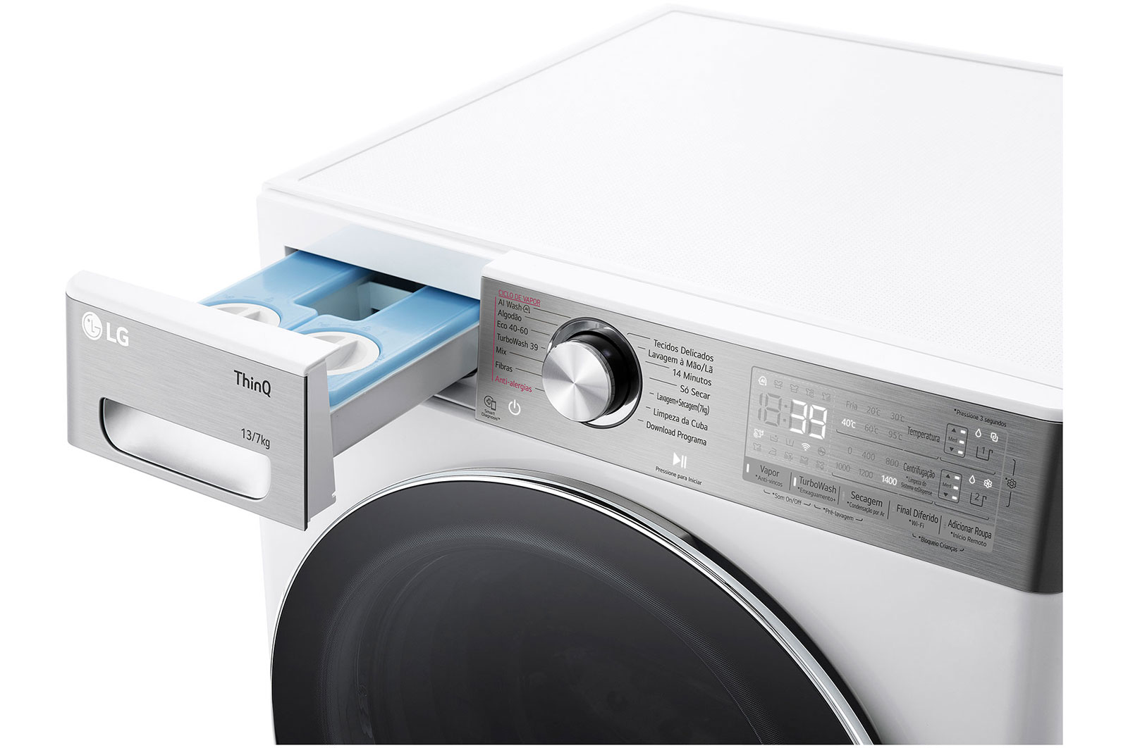 LG Máquina de lavar e secar roupa LG F4DR9513P2W, 13/7 kg, eficiência energética A-10%/D, 1400 r.p.m., AI DD™, Steam+™, TurboWash360™, ezDispense™, EcoHybrid™, branco, F4DR9513P2W