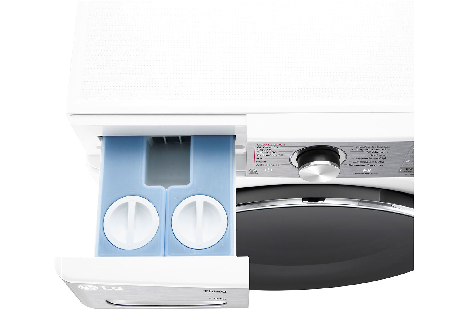 LG Máquina de lavar e secar roupa LG F4DR9513P2W, 13/7 kg, eficiência energética A-10%/D, 1400 r.p.m., AI DD™, Steam+™, TurboWash360™, ezDispense™, EcoHybrid™, branco, F4DR9513P2W