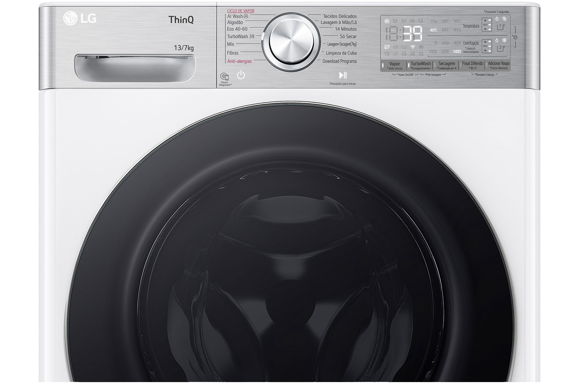 LG Máquina de lavar e secar roupa LG F4DR9513P2W, 13/7 kg, eficiência energética A-10%/D, 1400 r.p.m., AI DD™, Steam+™, TurboWash360™, ezDispense™, EcoHybrid™, branco, F4DR9513P2W