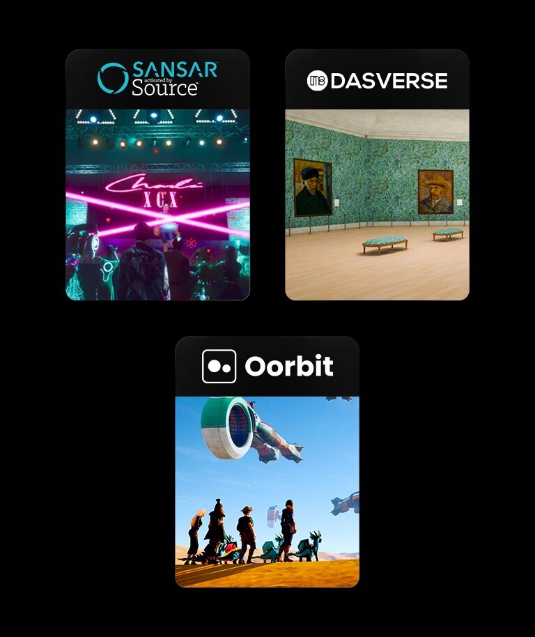 Três blocos de imagens, cada um com o logótipo e imagens do serviço metaverse Sansar, Dasverse e Oorbit