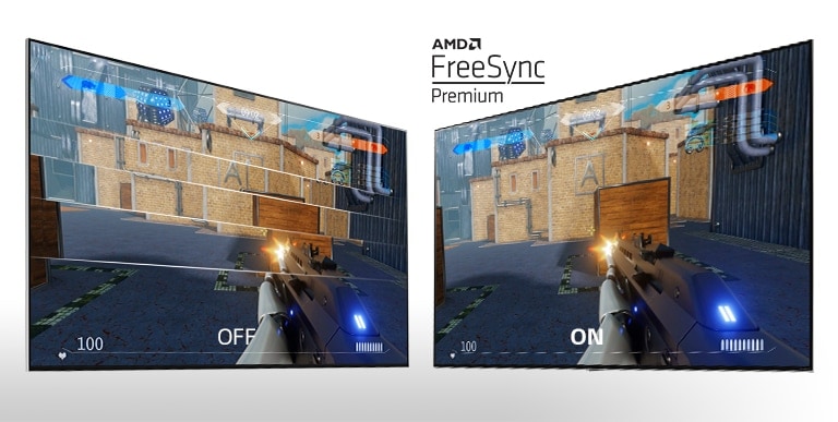 Dois ecrãs de TV lado a lado com um jogo de tiro. À esquerda mostra o FreeSync desativado e à direita o FreeSync ativado.