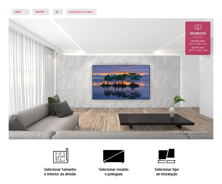 Uma TV grande numa parede rosa e rodeada de decorações naturais.