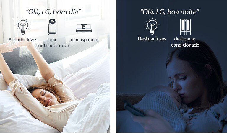 Uma mulher na cama, a acordar de manhã (esquerda) e com um bebé à noite (direita)