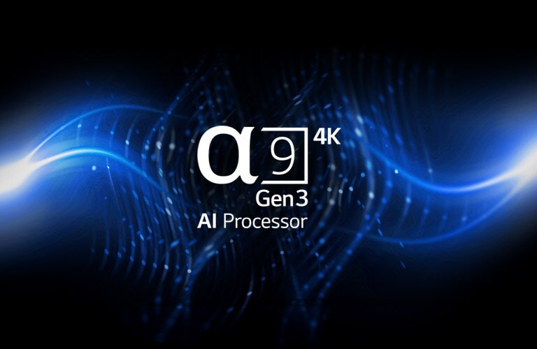 O logótipo do processador alfa 9 AI de 3.ª geração em fundo gráfico preto e azul