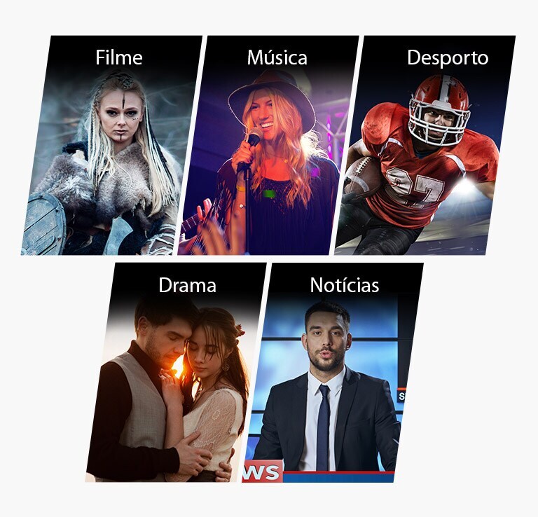 Cinco cartões de título verticais para Filme, Música, Desporto, Drama e Notícias