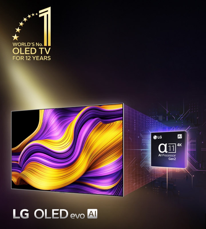 تلفزيون LG OLED TV يعرض عملاً فنيًا تجريديًا ملوّنًا على شاشته، وخلفه يبرز معالج alpha 11 AI Processor Gen2. تنبثق أضواء ساطعة من المعالج والتلفزيون لتُبرز تقنياتهما المتطورة. يظهر أيضًا شعار "تلفزيون OLED TV رقم 1 في العالم لمدة 12 سنة". 