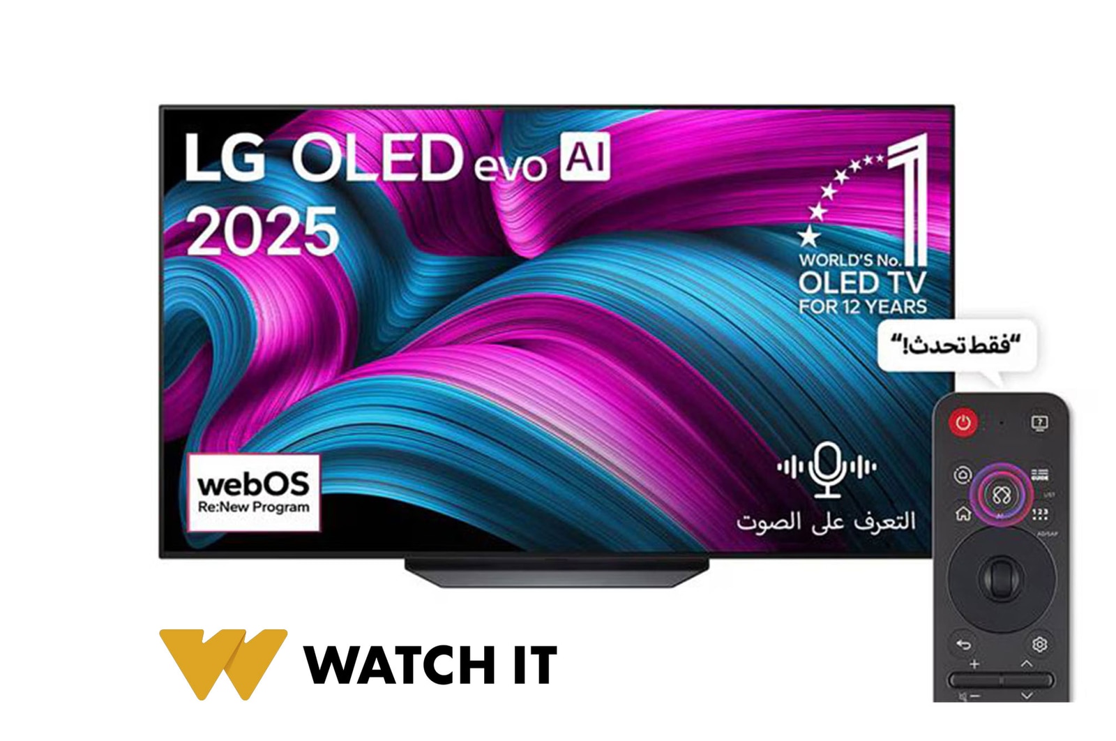 صورة أمامية لتلفزيون LG OLED AI CS5 4K Smart TV. يظهر شعار OLED رقم 1 على مستوى العالم لمدة 12 عامًا وشعار LG OLED AI 2025 على الشاشة.