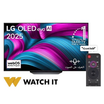 صورة أمامية لتلفزيون LG OLED AI CS5 4K Smart TV. يظهر شعار OLED رقم 1 على مستوى العالم لمدة 12 عامًا وشعار LG OLED AI 2025 على الشاشة.