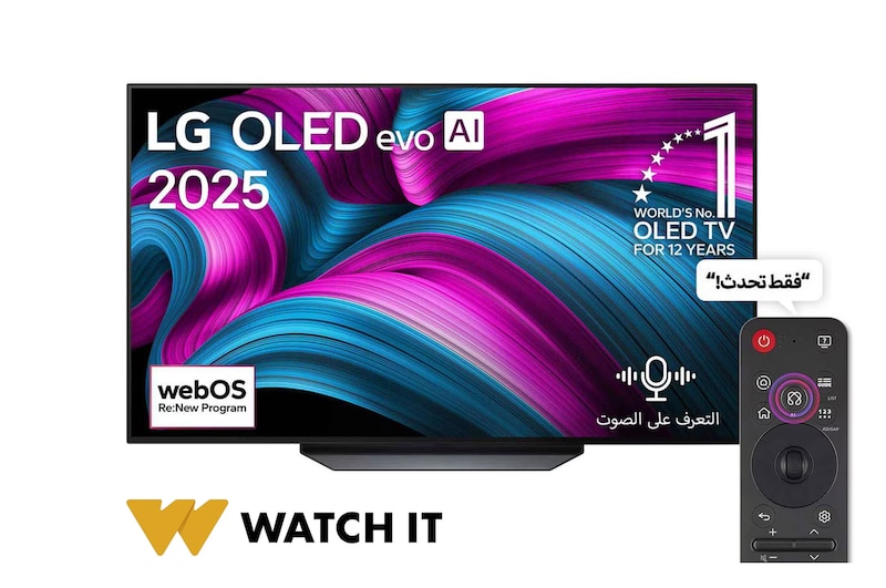 صورة أمامية لتلفزيون LG OLED AI CS5 4K Smart TV. يظهر شعار OLED رقم 1 على مستوى العالم لمدة 12 عامًا وشعار LG OLED AI 2025 على الشاشة.