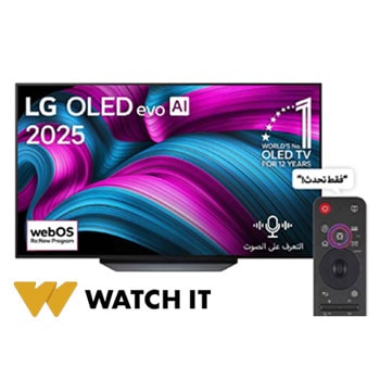 صورة أمامية لتلفزيون LG OLED AI CS5 4K Smart TV. يظهر شعار OLED رقم 1 على مستوى العالم لمدة 12 عامًا وشعار LG OLED AI 2025 على الشاشة.